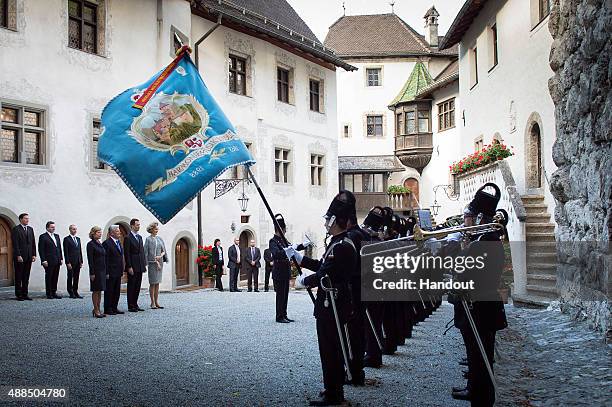 In this photo provided by the German Government Press Office , German President Joachim Gauck and partner Daniela Schadt review with Prince Alois of...