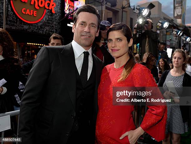 Actors Jon Hamm and Lake Bell attend the premiere of Disney's "Million Dollar Arm" at the El Capitan Theatre on May 6, 2014 in Hollywood, California.