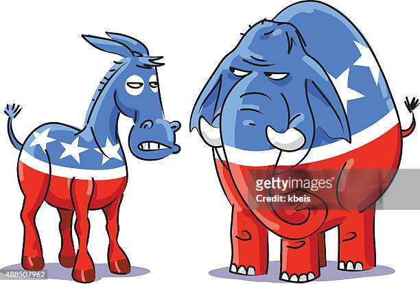 ilustraciones, imágenes clip art, dibujos animados e iconos de stock de democrático burro vs. republicana de elefante - partido republicano americano