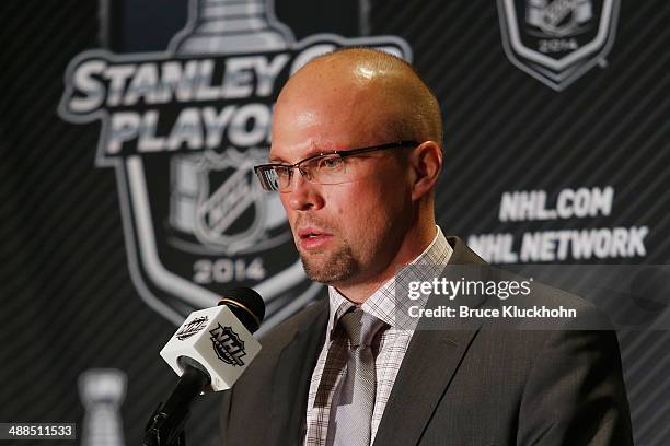 Minnesota Wild Head Coach Mike Yeo speaks during a press preference after his team defeated the Chicago Blackhawks during Game Three of the Second...