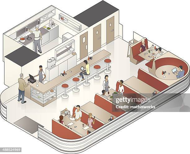 isometric diner cutaway illustration - bar area stock illustrations