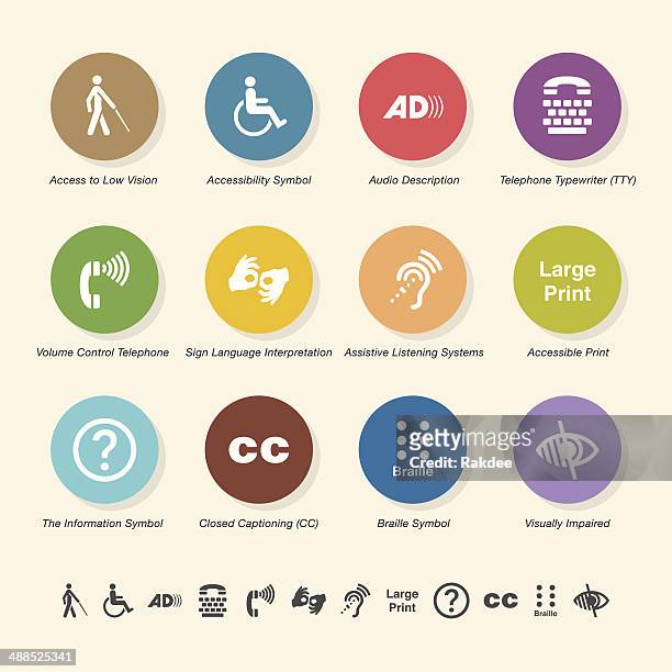illustrazioni stock, clip art, cartoni animati e icone di tendenza di accesso disabilità icone-serie di colore cerchio - accessibilità