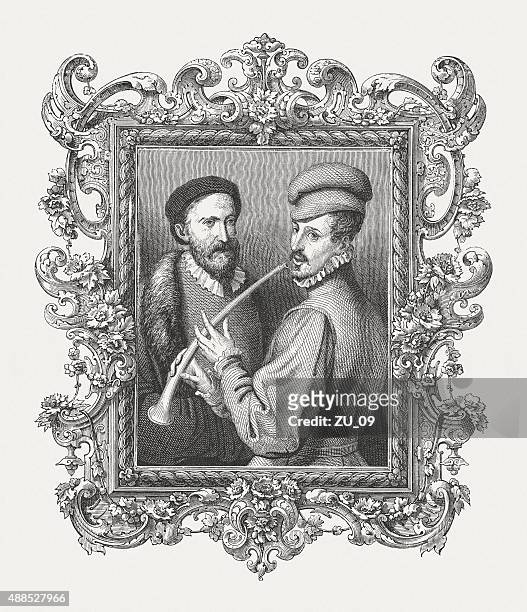 lesson on the flute, painted by titian, woodcut, published 1878 - capitol rome stock illustrations