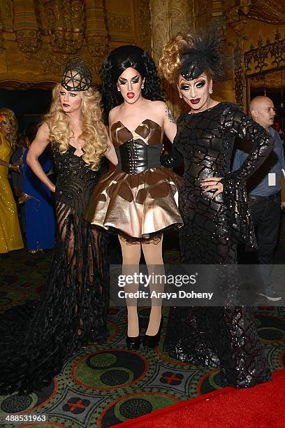 Courtney Act, Bianca Del Rio and Adore Delano attend Logo TV's "RuPaul's Drag Race" season 6 reunion taping at The Theatre at Ace Hotel Downtown LA...