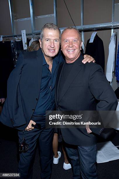 Photographer Mario Testino and designer Michael Kors pose backstage at the Michael Kors Spring 2016 Runway Show during New York Fashion Week: The...