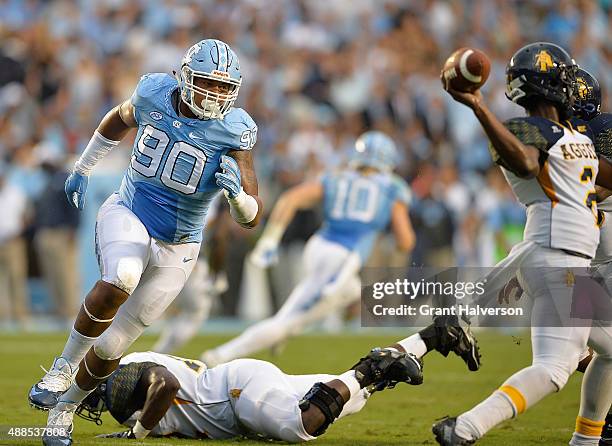 Nazair Jones of the North Carolina Tar Heels rushes the passer during their game against the North Carolina A&T Aggies at Kenan Stadium on September...
