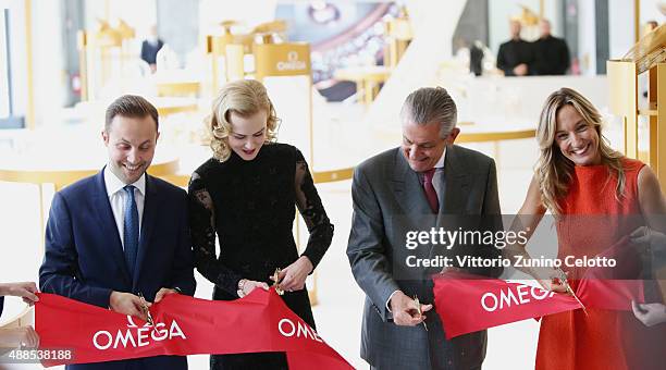 Brand Manager Omega Malik Bey, Actress Nicole Kidman, President Omega Stephen Urquhart and Country Manager Swatch Group Italia Burdese Laura attend...