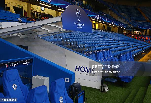General view of the dug out and tunnel prior to the UEFA Chanmpions League group G match between Chelsea and Maccabi Tel-Aviv FC at Stamford Bridge...