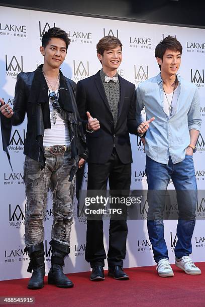 Calvin Chen,Jiro Wang and Chun Wu attend opening ceremony of their friend`s Hair Salon on Tuesday May 6,2014 in Taipei,China.