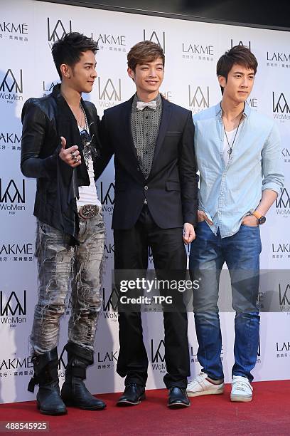 Calvin Chen,Jiro Wang and Chun Wu attend opening ceremony of their friend`s Hair Salon on Tuesday May 6,2014 in Taipei,China.