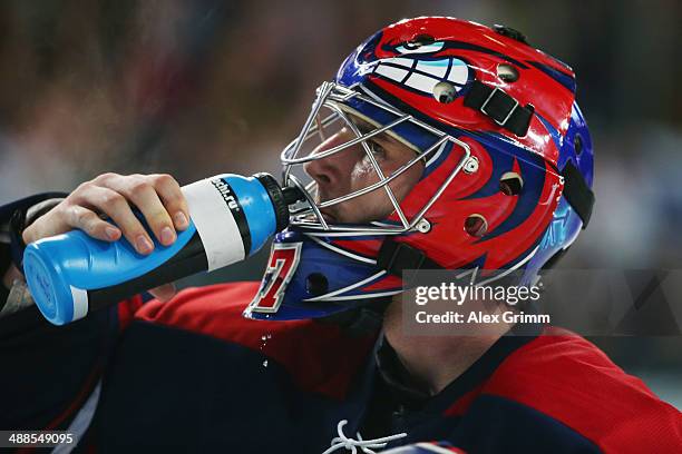 Goalkeeper Connor Hellebuyck of USA drinks during the international ice hockey friendly match between Germany and USA at Arena Nuernberger...