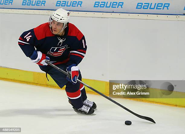 Andy Miele of USA during the international ice hockey friendly match between Germany and USA at Arena Nuernberger Versicherung on May 6, 2014 in...