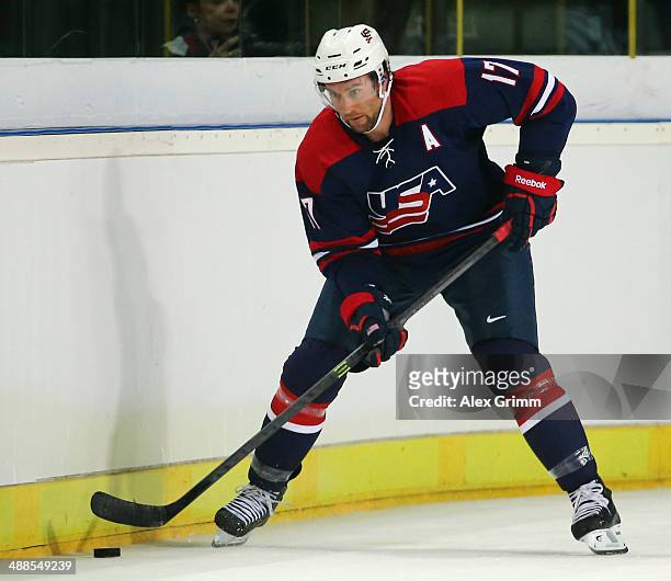 Colin McDonald of USA during the international ice hockey friendly match between Germany and USA at Arena Nuernberger Versicherung on May 6, 2014 in...