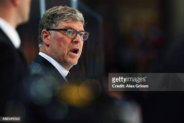 Head coach Pat Cortina of Germany shouts during the international ice hockey friendly match between Germany and USA at Arena Nuernberger Versicherung...