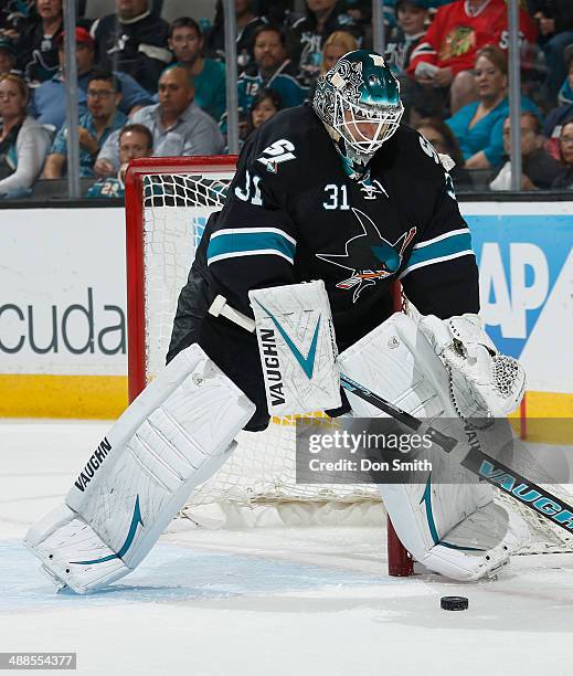 Antti Niemi of the San Jose Sharks collects the puck against the Los Angeles Kings in Game Seven of the First Round of the 2014 Stanley Cup Playoffs...