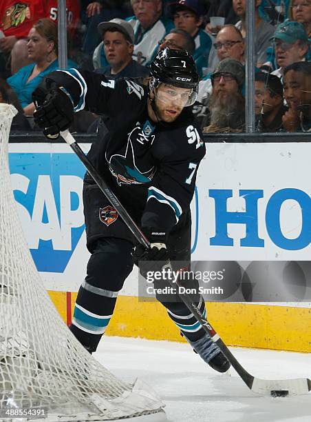 Brad Stuart of the San Jose Sharks collects the puck against the Los Angeles Kings in Game Seven of the First Round of the 2014 Stanley Cup Playoffs...