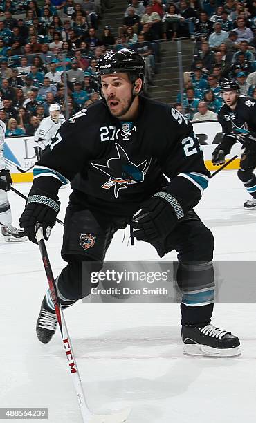 Scott Hannan of the San Jose Sharks skates after the puck against the Los Angeles Kings in Game Seven of the First Round of the 2014 Stanley Cup...