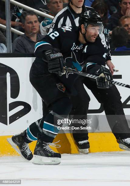 Patrick Marleau of the San Jose Sharks collects the puck against the Los Angeles Kings in Game Seven of the First Round of the 2014 Stanley Cup...