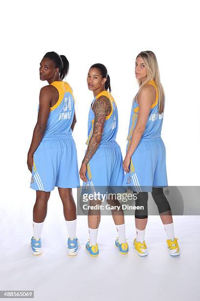 Sylvia Fowles Tamera Young and Elena Delle Donne of the Chicago Sky poses for a portrait on WNBA Media Day on May 6, 2014 at Sachs Recreation Center...