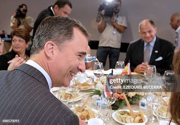 Costa Rica's president elect Luis Guillermo Solis and Spanish Prince Felipe of Borbon have breakfast together at Felipe's hotel in San Jose, on May...