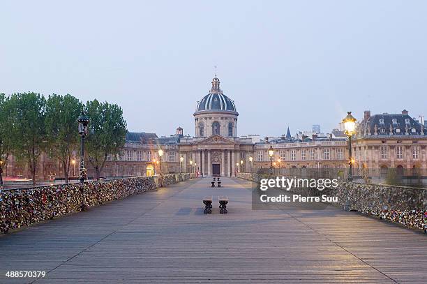 Love Padlocks on the Le Pont Des Arts bridge on May 7, 2014 in Paris, France. In recent years Le Pont Des Arts has attracted tourists who visit the...