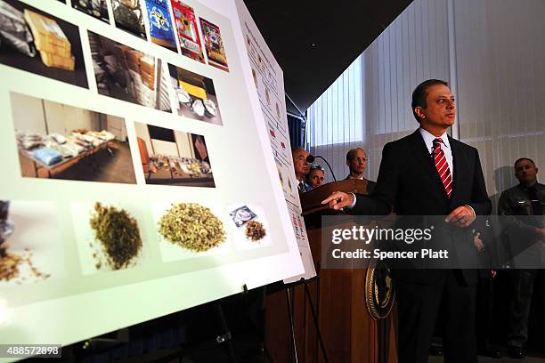 Preet Bharara, the United States attorney for the Southern District of New York, speaks at a news conference with other law enforcement heads where...