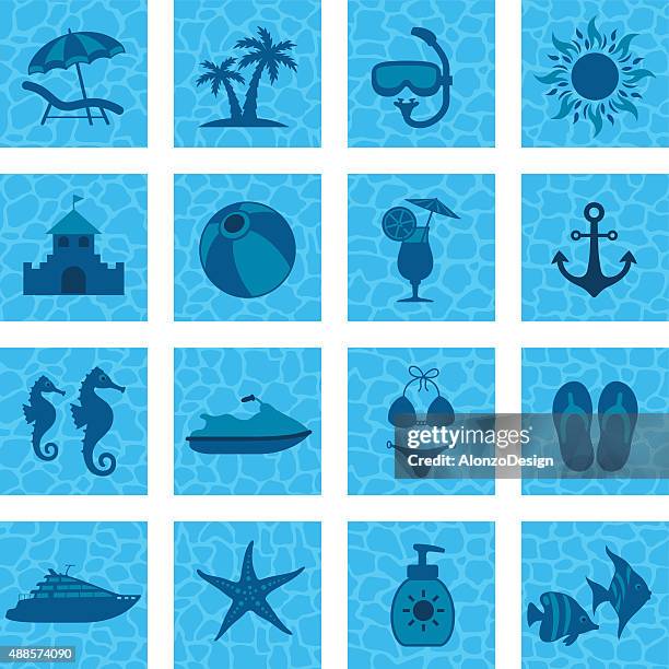beach icon set - sand shells stock illustrations