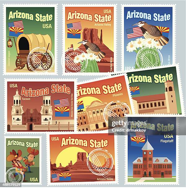 stockillustraties, clipart, cartoons en iconen met arizona state stamps - phoenix bird