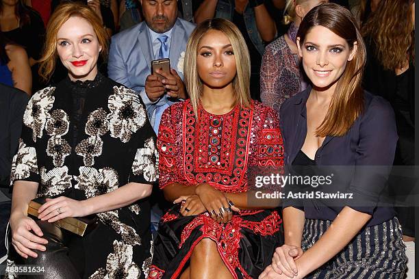 Actors Christina Hendricks, Kat Graham and Ashley Greene attend Naeem Khan Spring 2016 during New York Fashion Week: The Shows at The Arc, Skylight...
