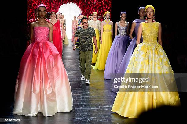 Models, with designer Naeem Khan walk the runway wearing Naeem Khan Spring 2016 during New York Fashion Week: The Shows at The Arc, Skylight at...