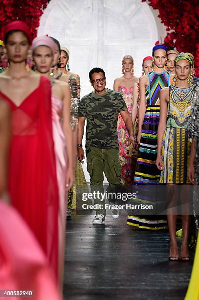 Models, with designer Naeem Khan walk the runway wearing Naeem Khan Spring 2016 during New York Fashion Week: The Shows at The Arc, Skylight at...