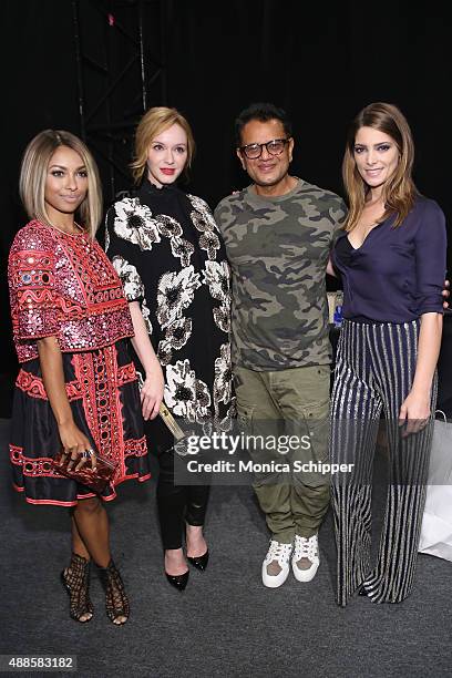 Actress Kat Graham, designer Naeem Khan, and actress Christina Hendricks, designer and Ashley Greene attend Naeem Khan Spring 2016 during New York...