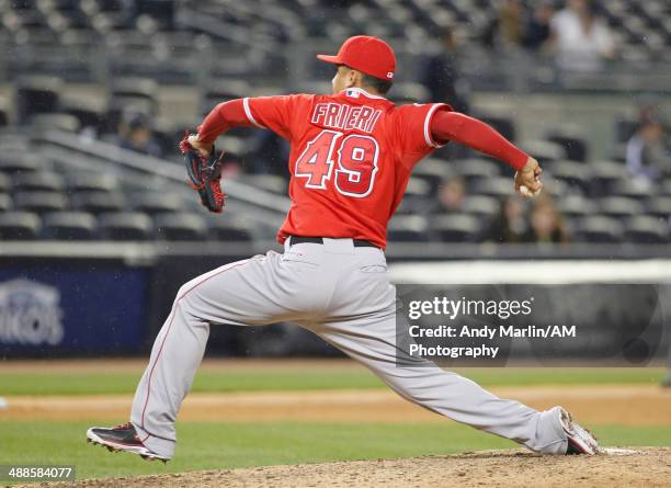 Ernesto Frieri of the Los Angeles Angels of Anaheim pitches against the New York Yankees at Yankee Stadium on April 25, 2014 in the Bronx borough of...