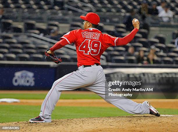 Ernesto Frieri of the Los Angeles Angels of Anaheim pitches against the New York Yankees at Yankee Stadium on April 25, 2014 in the Bronx borough of...