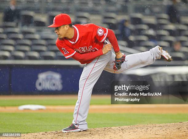 Ernesto Frieri of the Los Angeles Angels of Anaheim pitches against the New York Yankees at Yankee Stadium on April 25, 2014 in the Bronx borough of...