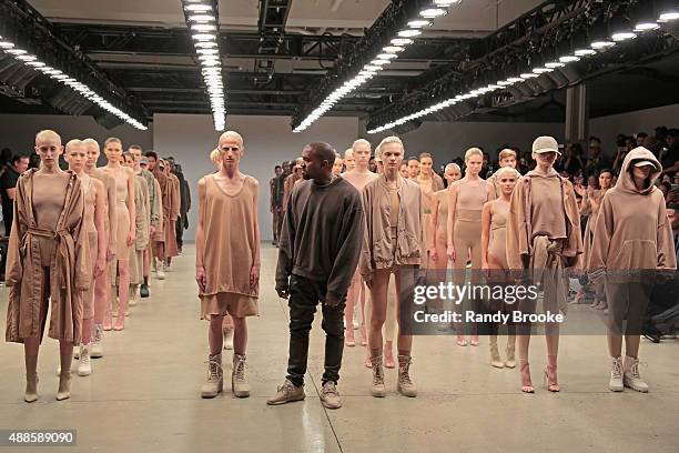 Kanye West poses during the finale of Yeezy Season 2 during New York Fashion Week at Skylight Modern on September 16, 2015 in New York City.