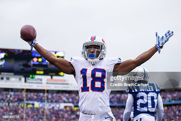 Percy Harvin of the Buffalo Bills celebrates a touchdown reception against the Indianapolis Colts on September 13, 2015 at Ralph Wilson Stadium in...