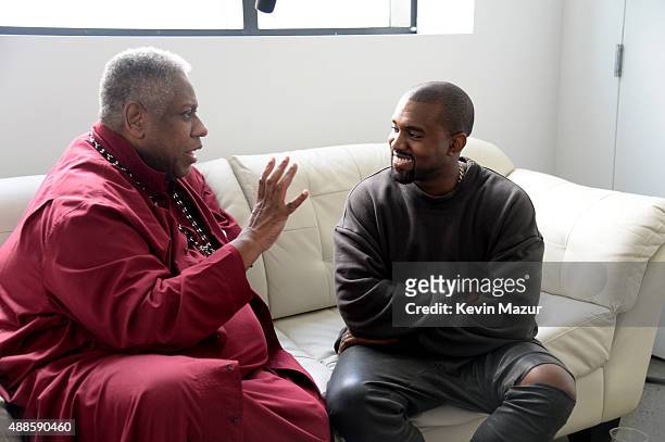 Andre Leon Talley and Kanye West attend Kanye West Yeezy Season 2 during New York Fashion Week at Skylight Modern on September 16, 2015 in New York...