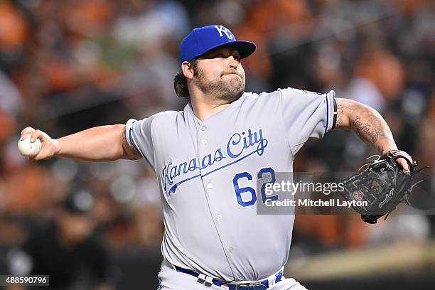 Joba Chamberlain of the Kansas City Royals pitches during a baseball game against the Baltimore Orioles at Oriole Park at Camden Yards on September...