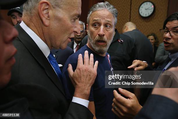 Comedian Jon Stewart joined ill first responders and politicians, including Sen. Chuck Schumer , for a news conference to demand an extension of the...