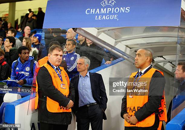 Manager Jose Mourinho of Chelsea looks on from the tunnel during the UEFA Chanmpions League group G match between Chelsea and Maccabi Tel-Aviv FC at...