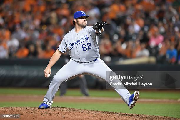 Joba Chamberlain of the Kansas City Royals pitches during a baseball game against the Baltimore Orioles at Oriole Park at Camden Yards on September...