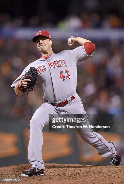 Manny Parra of the Cincinnati Reds pitches against the San Francisco Giants in the bottom of the six inning at AT&T Park on September 15, 2015 in San...