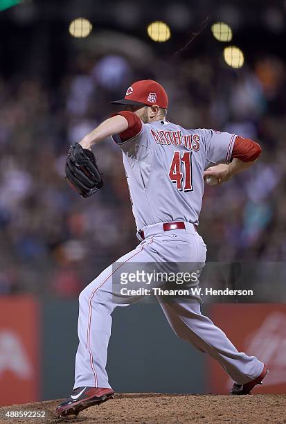 Ryan Mattheus of the Cincinnati Reds pitches against the San Francisco Giants in the bottom of the fifth inning at AT&T Park on September 15, 2015 in...
