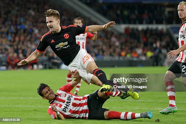 Injury of Luke Shaw of Manchester United, Hector Moreno of PSV Eindhoven during the UEFA Champions League group B match between PSV Eindhoven and...