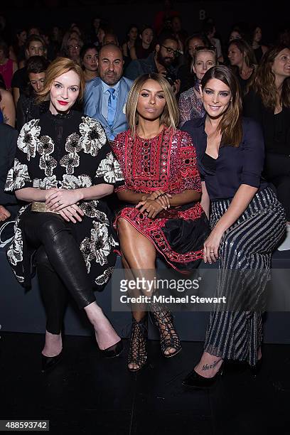 Actresses Christina Hendricks, Kat Graham and Ashley Greene attend the Naeem Khan fashion show during Spring 2016 New York Fashion Week at The Arc,...