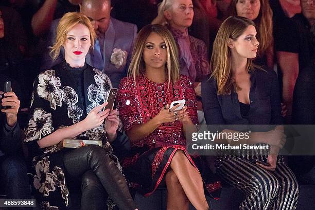Actresses Christina Hendricks, Kat Graham and Ashley Greene attend the Naeem Khan fashion show during Spring 2016 New York Fashion Week at The Arc,...