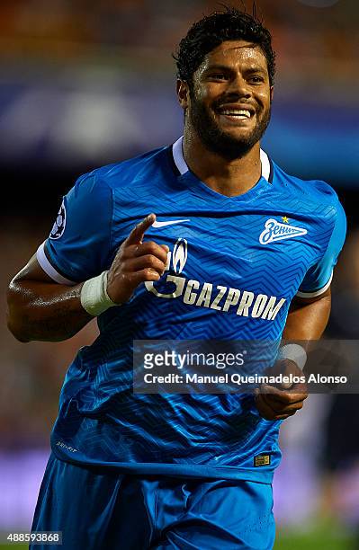 Hulk of Zenit celebrates scoring his team's first goal during the UEFA Champions League Group H match between Valencia CF and FC Zenit at the Estadi...