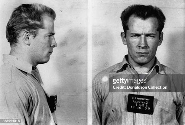 Boston gangster James 'Whitey' Bulger, Jr. Poses for a mugshot on his arrival at the Federal Penitentiary at Alcatraz on November 16, 1959 in San...