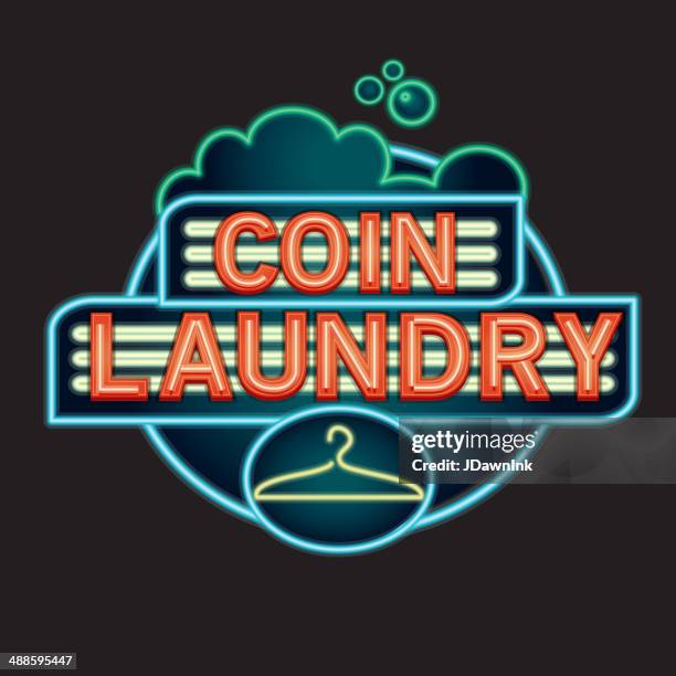 coin laundry laundromat neon sign - dry cleaned stock illustrations